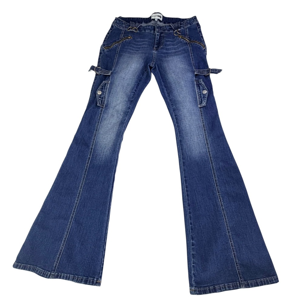 Fashion Nova Flare Cargo Jeans Medium Washj Y2K Zip Pockets Utility Womens 9